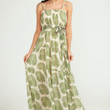 Maxi Tiered Dress - Green Fan Print