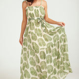 Maxi Tiered Dress - Green Fan Print