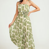 Maxi Tiered Dress - Green Fan Print
