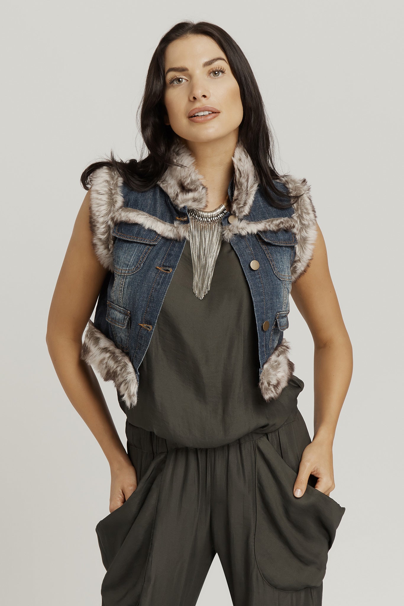 Cropped Faux Fur Jacket - Denim