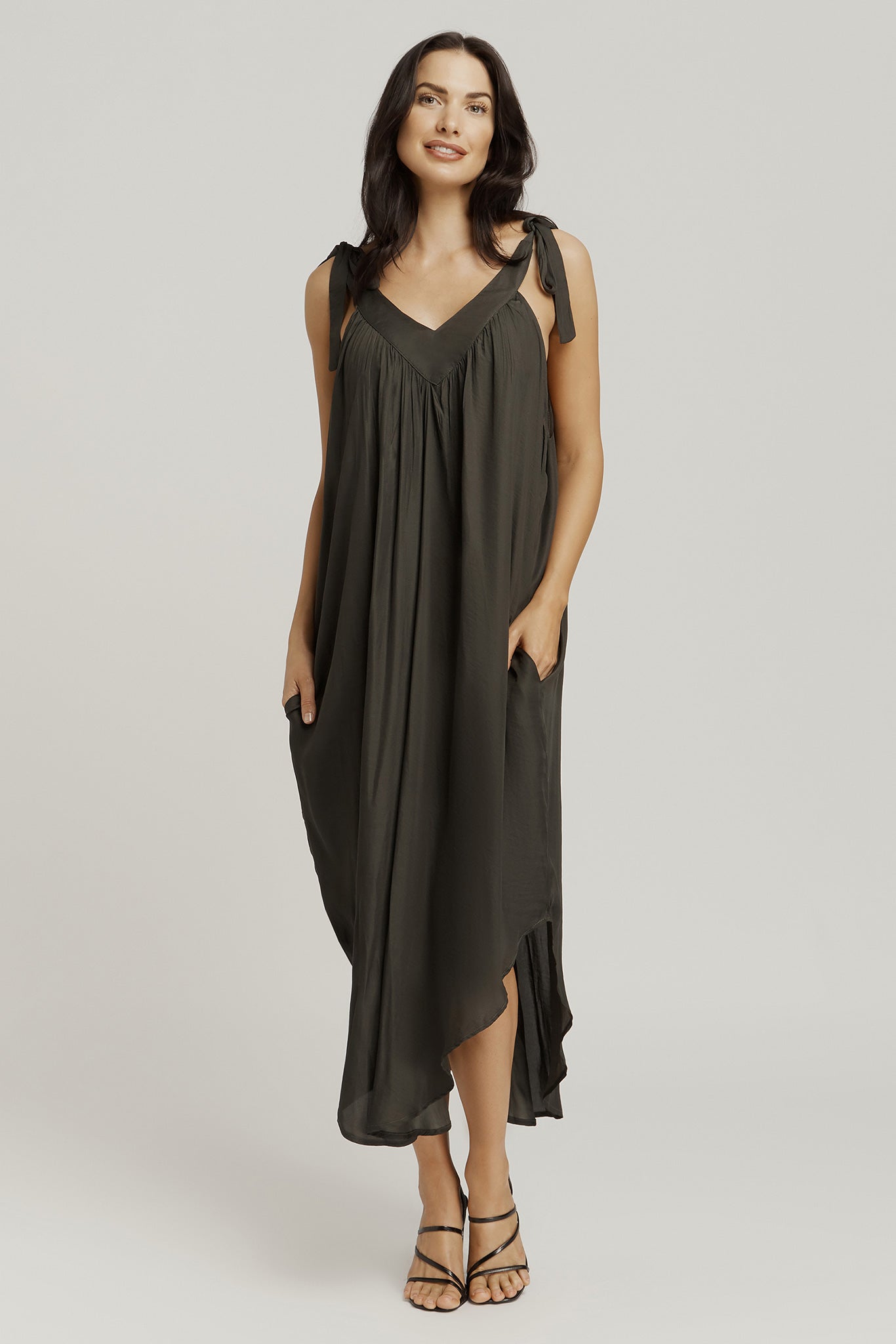 V Neck Tie Dress - Sage Green