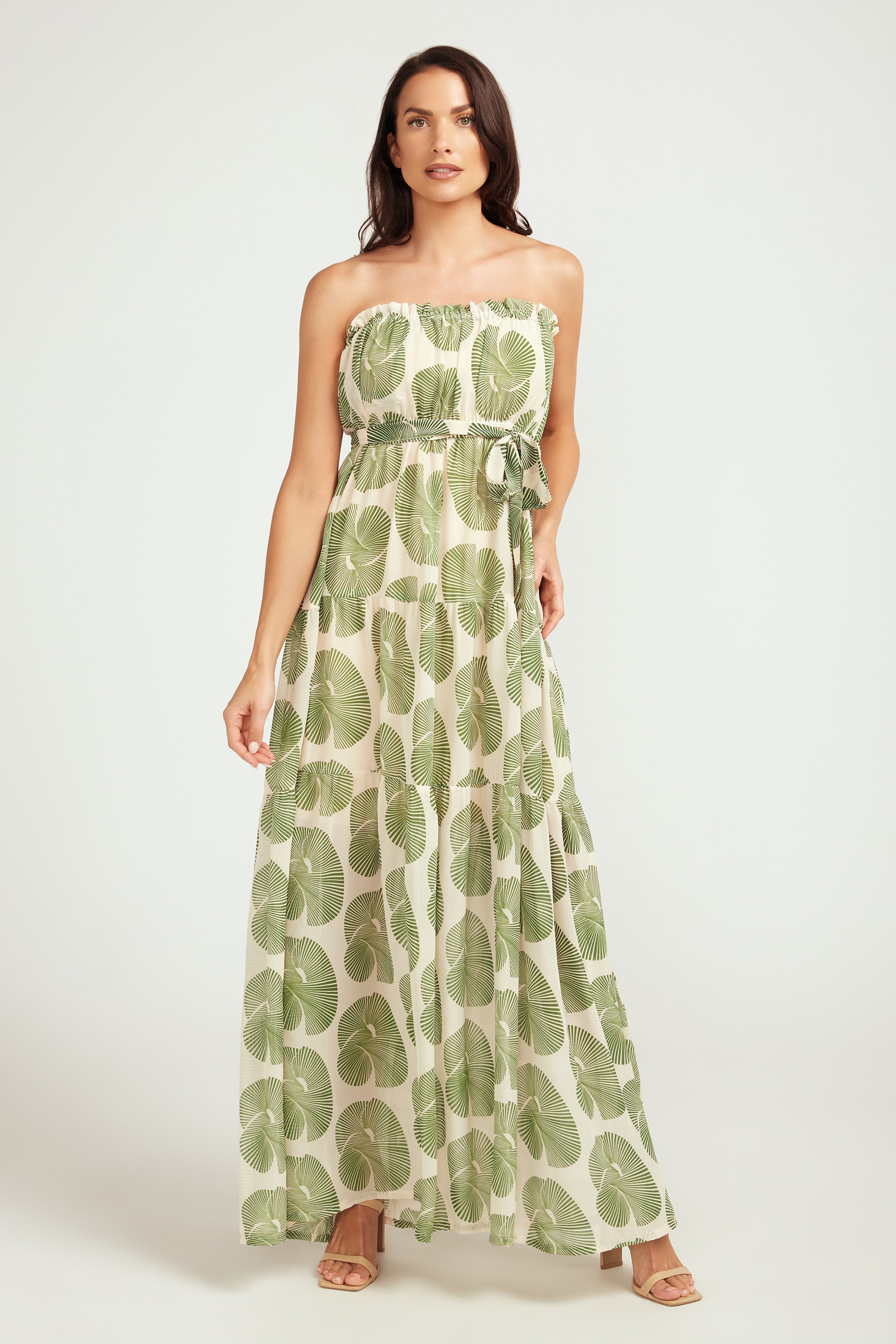 Maxi Tiered Dress - Green Fan Print